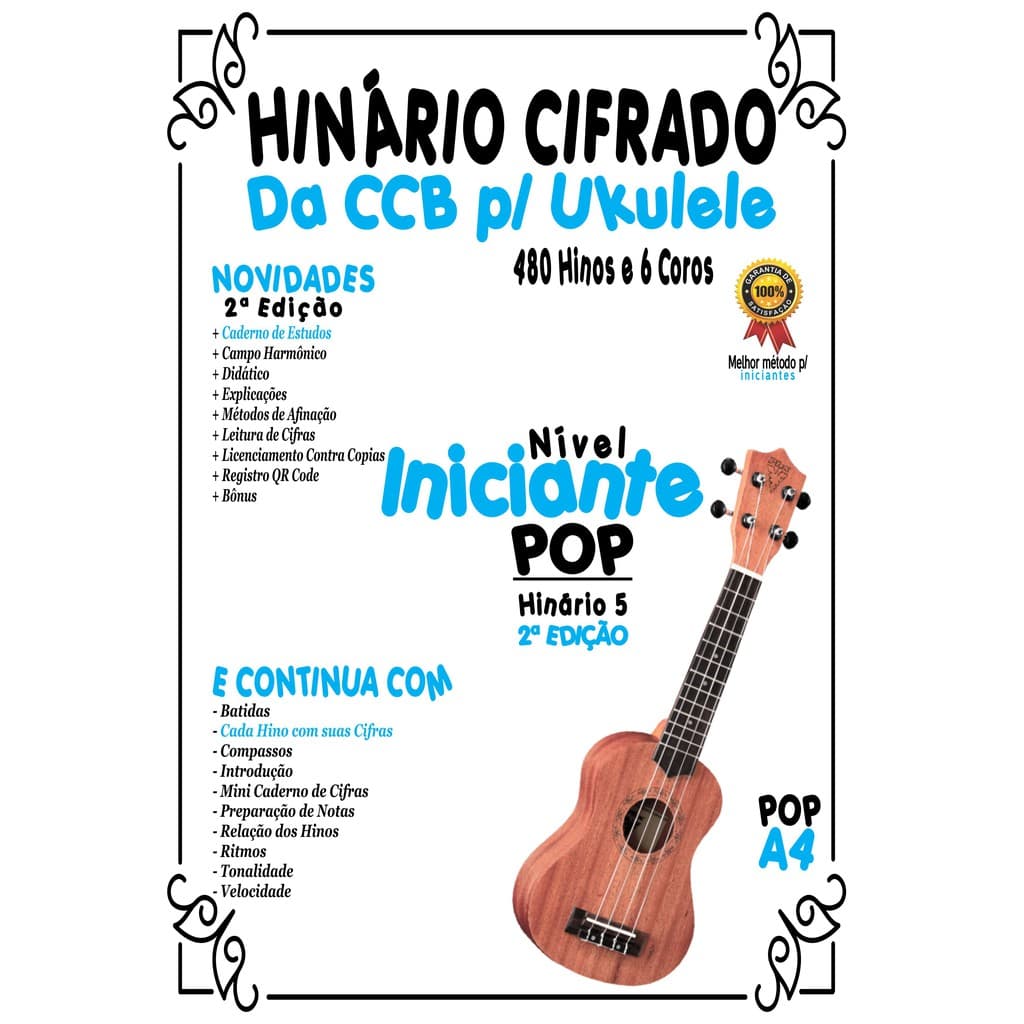 Hinário Cifrado da CCB p/ Ukulele Colorido A4 21x30cm  - Nível Iniciante - Hinário 5 - 480 Hinos + 6 Coros - CCB
