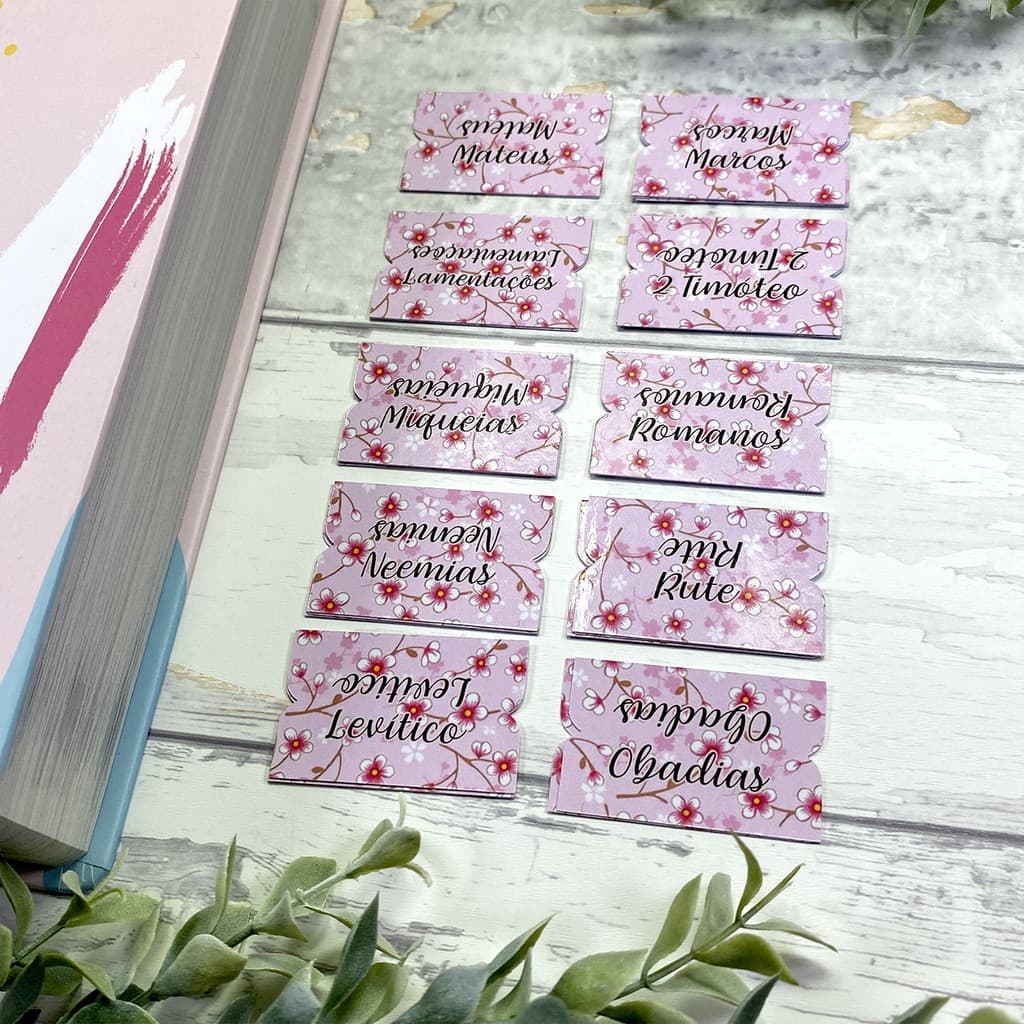 Abas Para Bíblia | Cerejeira Rosa | Etiquetas Adesivas Índice Autocolante Personalizadas com Nomes dos Livros da Biblia