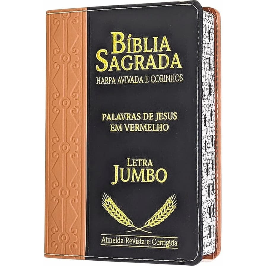 Bíblia Sagrada com Harpa Letra Jumbo com Harpa Cristã Luxo Borda Decorada marrom e preto com Índice