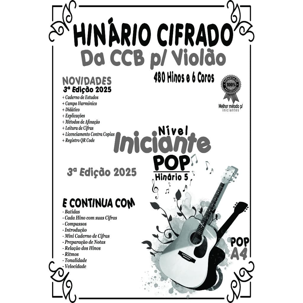 Hinário Cifrado da CCB 2025 Violão Preto 21x30cm - Iniciante - Hinário 5 - 480 Hinos + 6 Coros - CCB 2025
