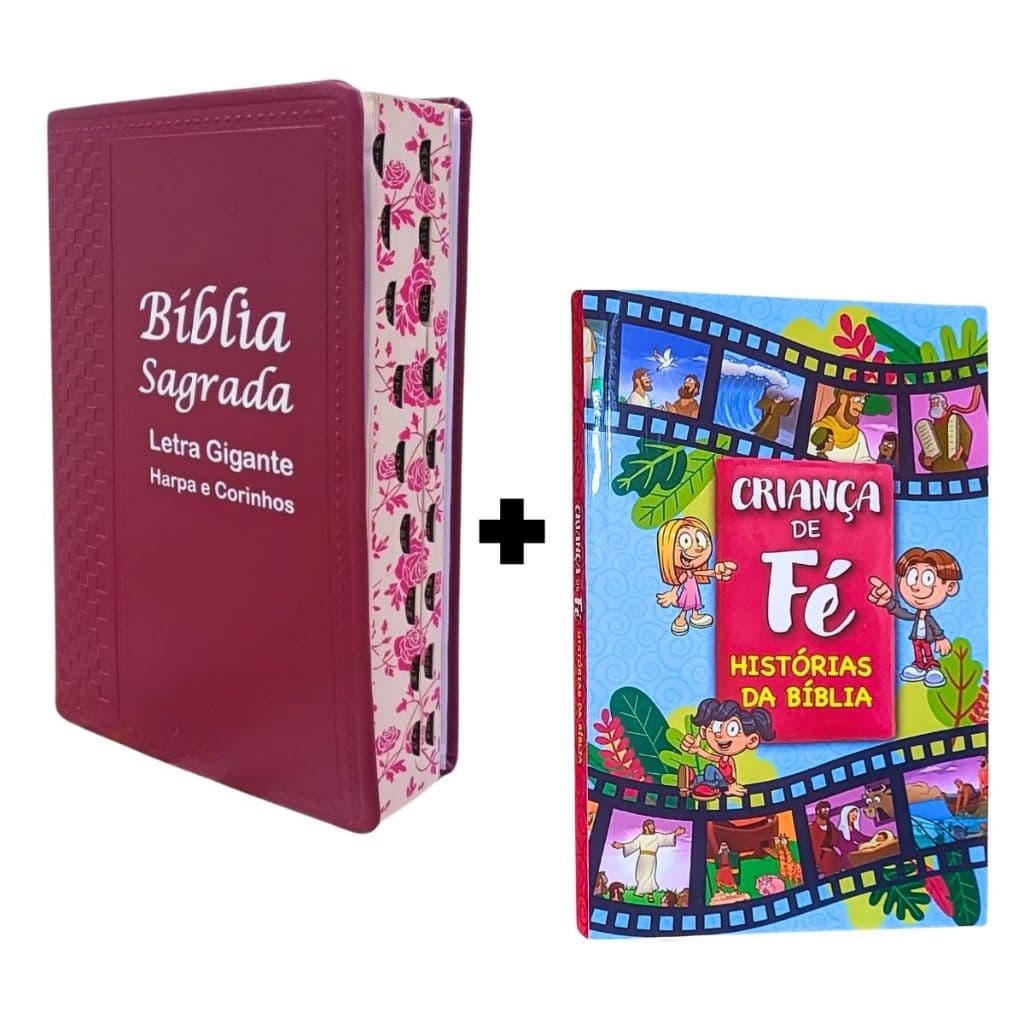 Kit Mãe e Filho 01 Bíblia Evangélica com Harpa Couro Sintético Flexivel + Bíblia Ilustrada Criança de Fé