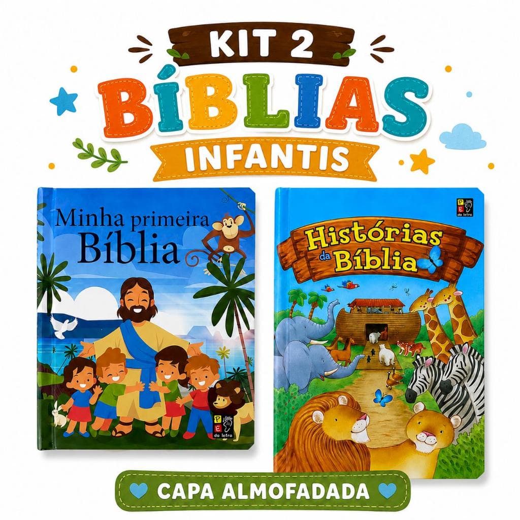 Kit 2 Bíblias Infantis Capa Almofadada Luxo - Coleção Minha Primeira Biblia e Histórias Da Bíblia