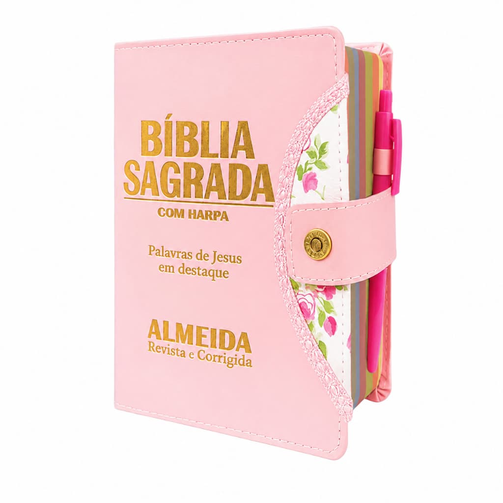 Bíblia Sagrada Feminina - Botão Rosa | ARC - João Ferreira de Almeida com Harpa e Índice Lateral