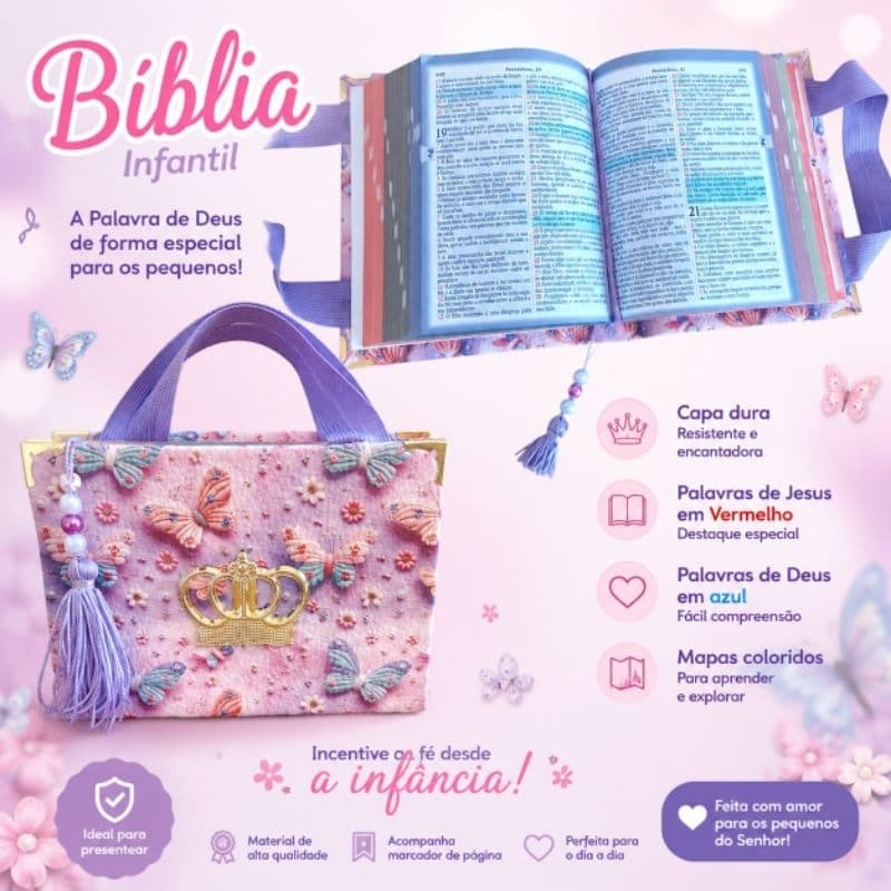 Bíblia Infantil  com alça Rosa  pequena Glitter/ Brilho  coroa com pingente  Bíblia Criança menina Evangélica
