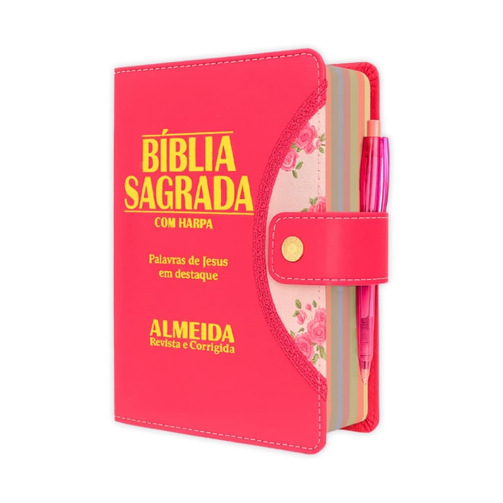 Bíblia Sagrada Feminina - Botão Pink | ARC - João Ferreira de Almeida com Harpa e Índice Lateral