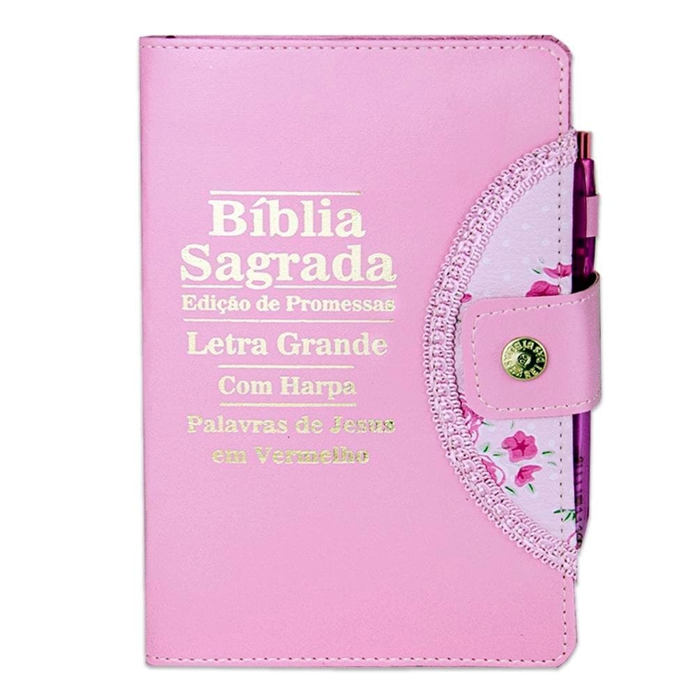 Bíblia Sagrada Feminina - Botão Rosa | ARC - João Ferreira de Almeida com Harpa e Índice Lateral