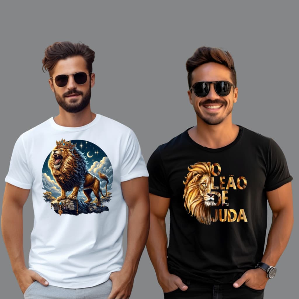 Kit  2 Un Camisetas Estampas Gospel Leão de Judá - Linha Premium - Blusa Gospel