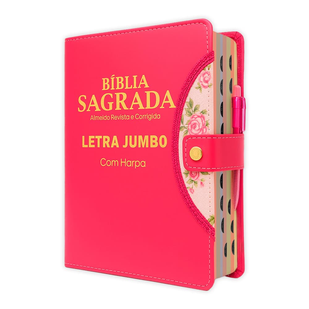 Bíblia Sagrada - Jumbo Botão Pink | ARC - João Ferreira de Almeida - Harpa e Índice por Cores