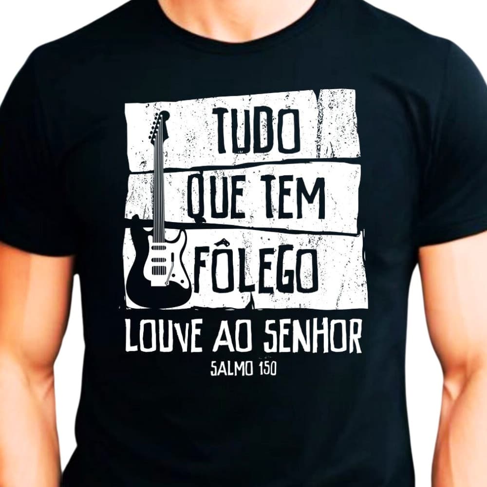 Camiseta Gospel Músico Unissex 100% Algodão Blusa Gospel Cristã  Músico Tudo que tem Fôlego