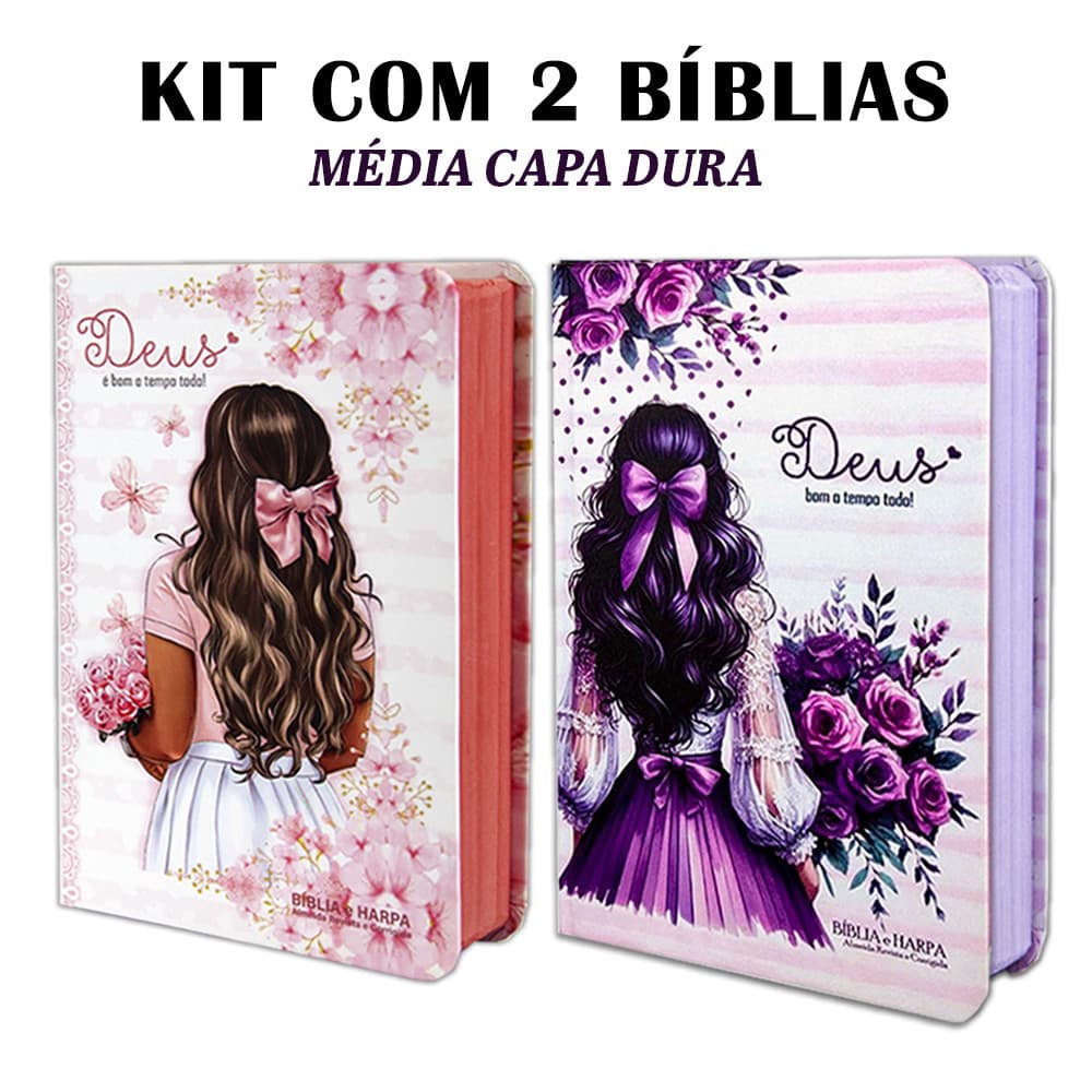 Kit 2 Biblias Sagrada -Capa Dura Média Flores Aquarela e Menina Lilás C/ Harpa