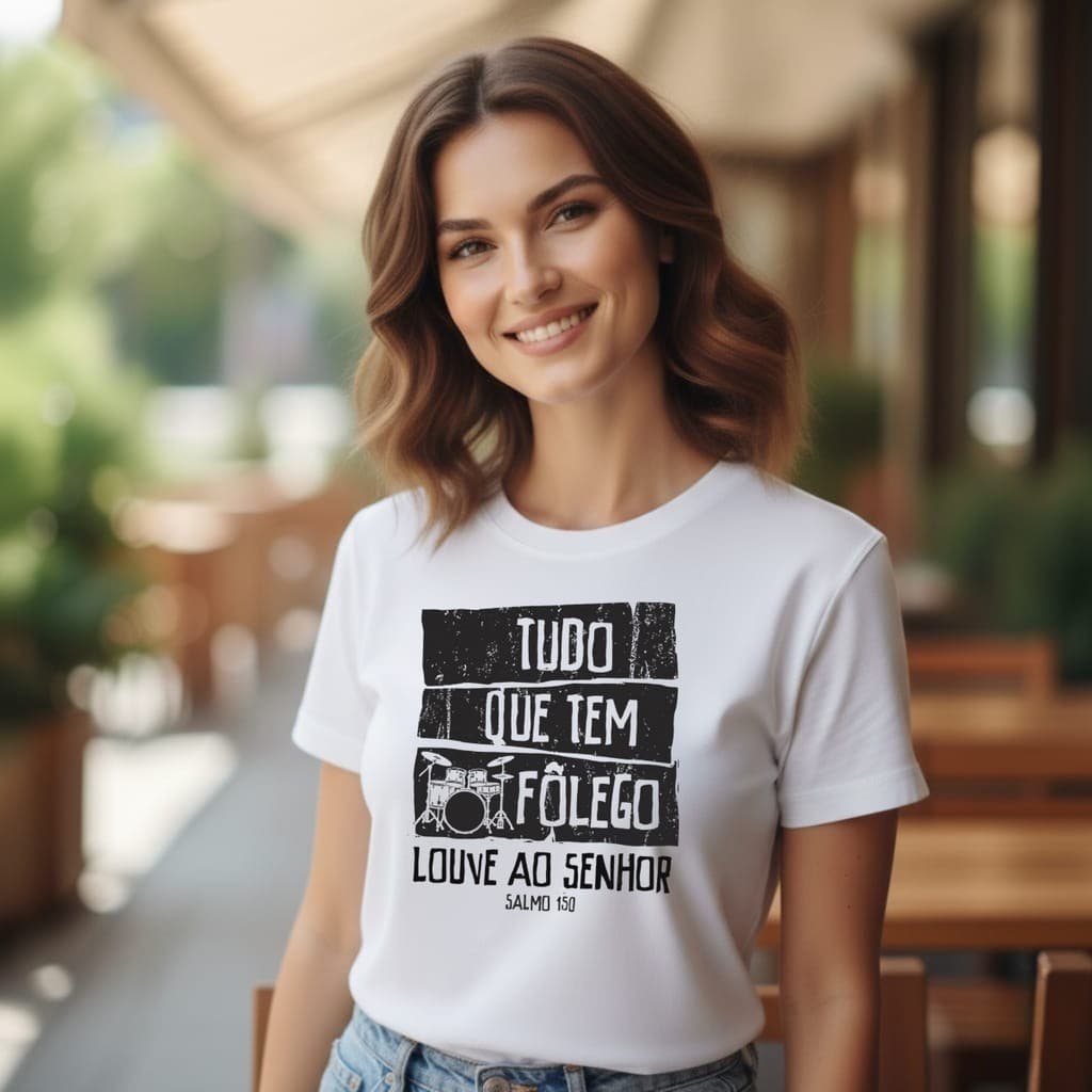 Camiseta Gospel Músico Unissex 100% Algodão Blusa Gospel Cristã  Músico Tudo que tem Fôlego Bateria