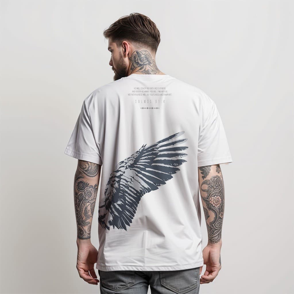 Camiseta Gospel Salmo 91:4 Proteção de Deus Camisa Cristã Masculina Estampa Asa Moda Gospel